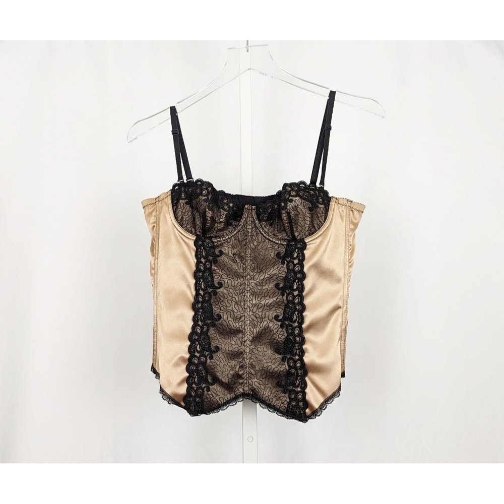 Frederick's of Hollywood Corset Bustier Top Beige Black Lace Women's Size 34